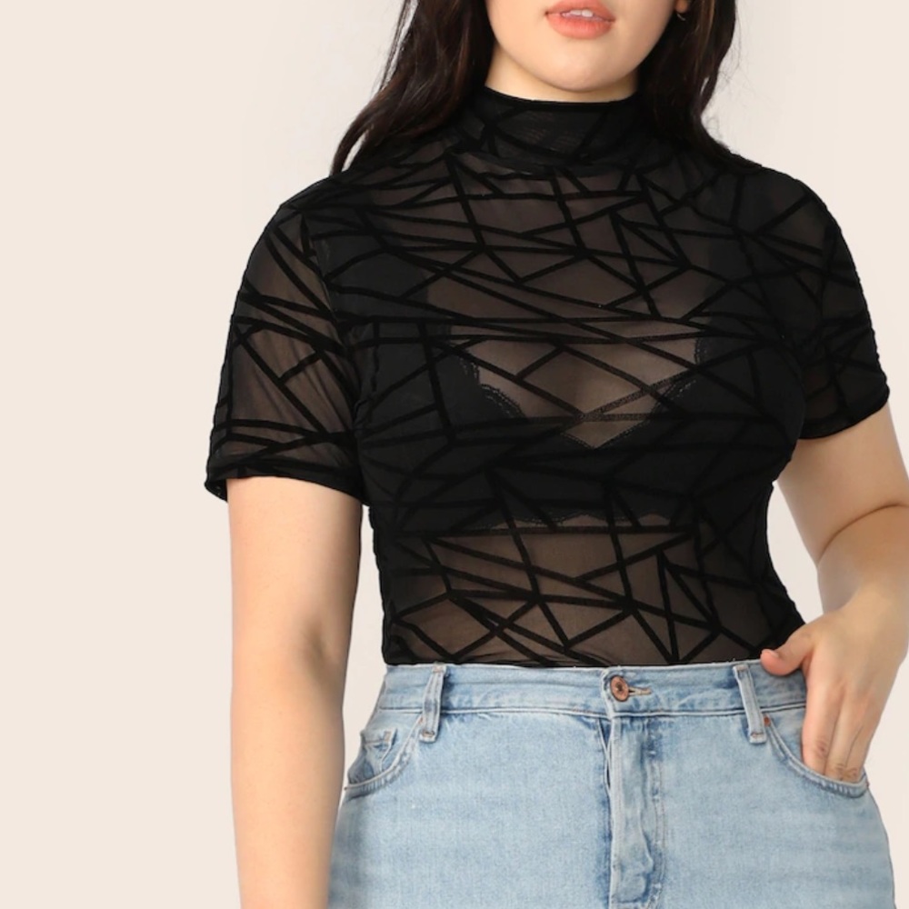 plus Size mock neck geo mesh top